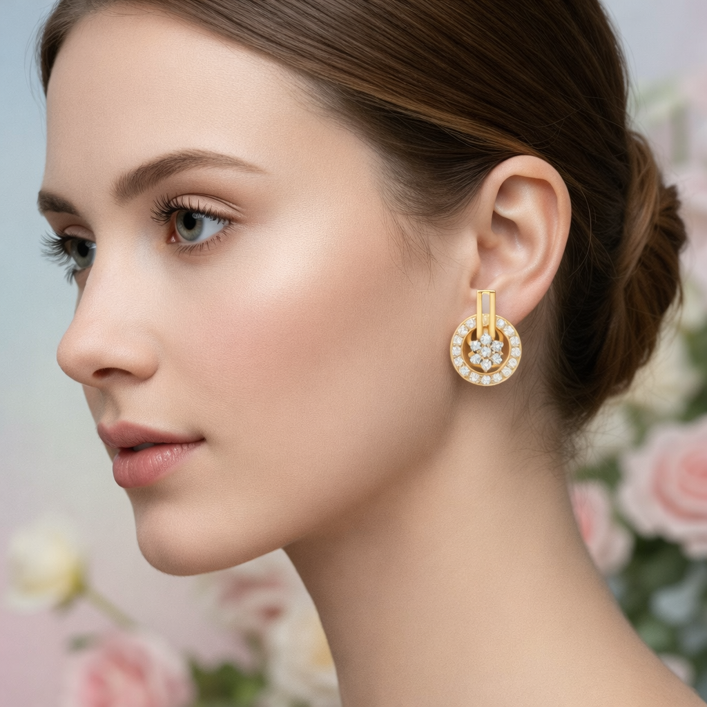 Classic Floral Halo Diamond Gold Earrings