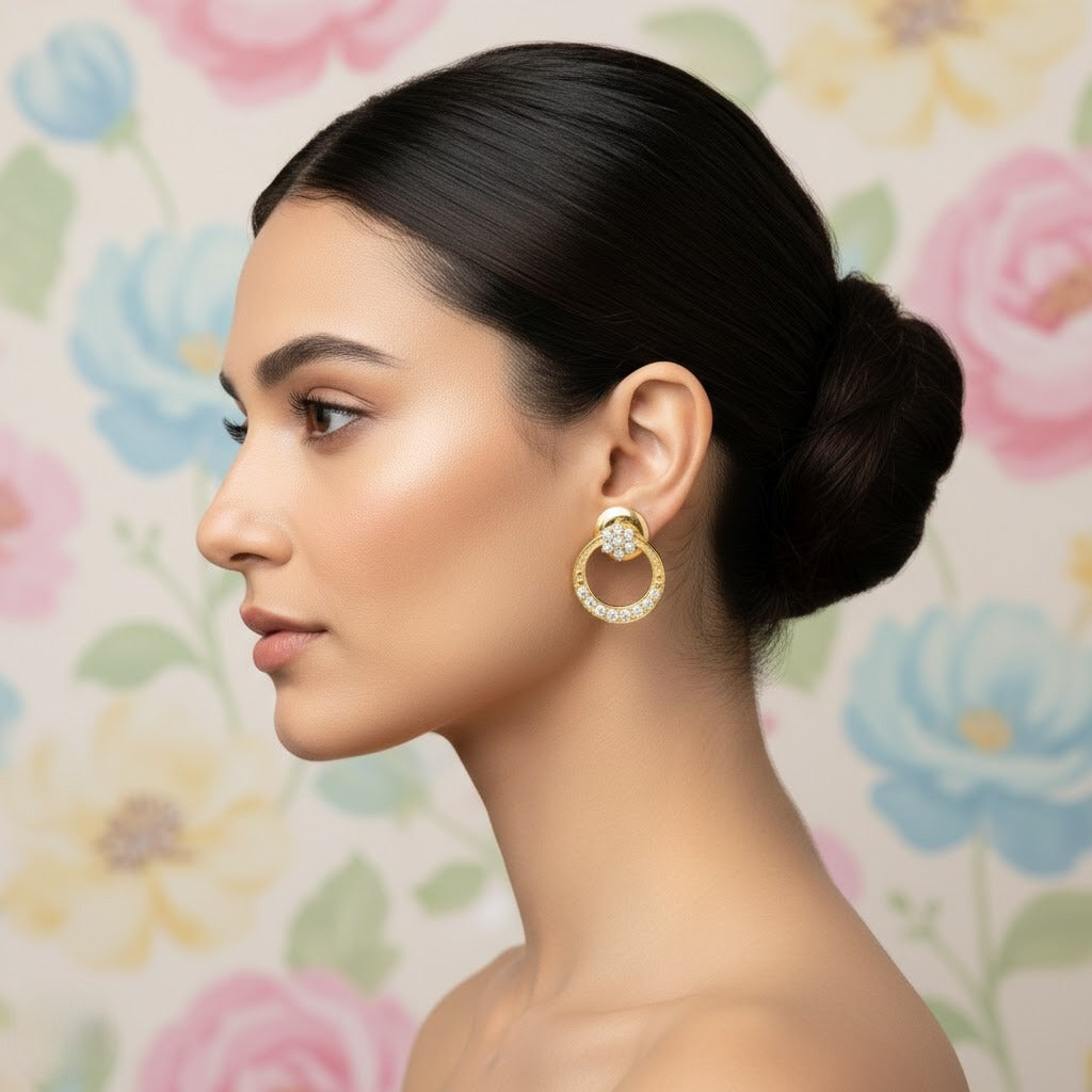 Circular Blossom Halo Diamond Gold Earrings