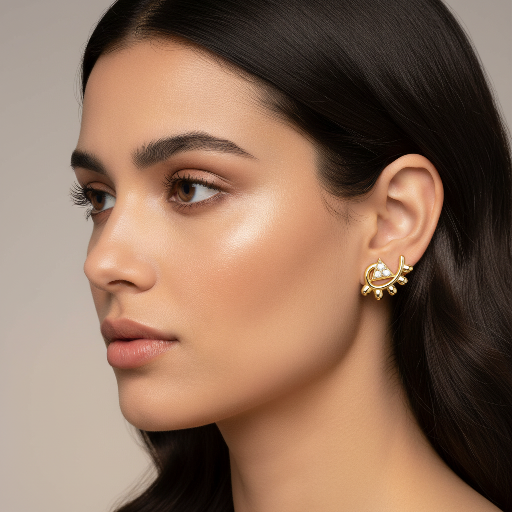 Unique Triangle Floral Diamond Gold Earrings