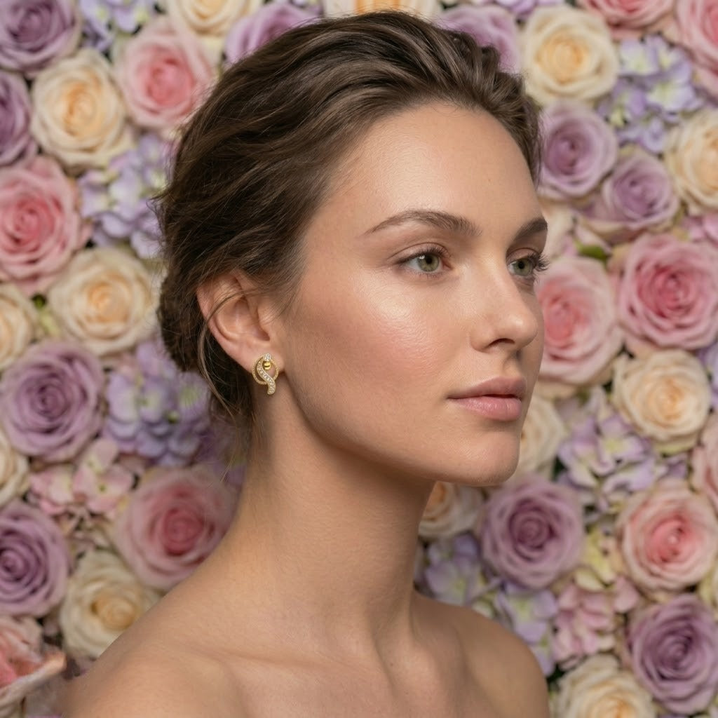 Curved Paisley Diamond Gold Earrings