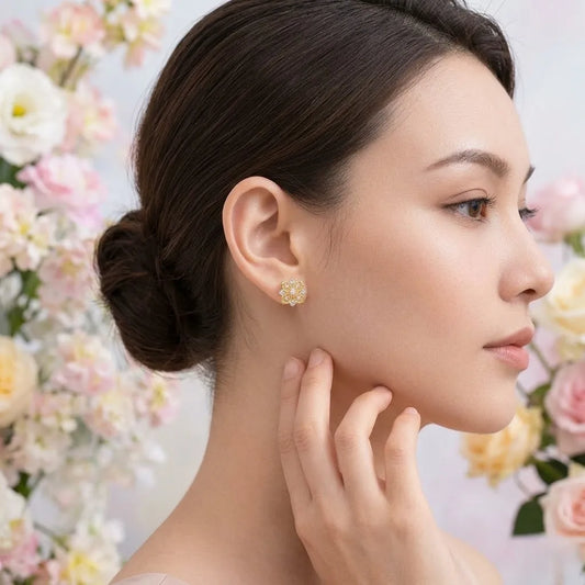 9K Yellow Gold Petal Diamond Earrings for Women by TTJ Jewellery