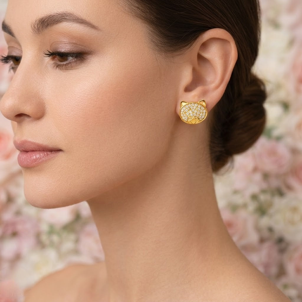 Cat Face Diamond Gold Earrings