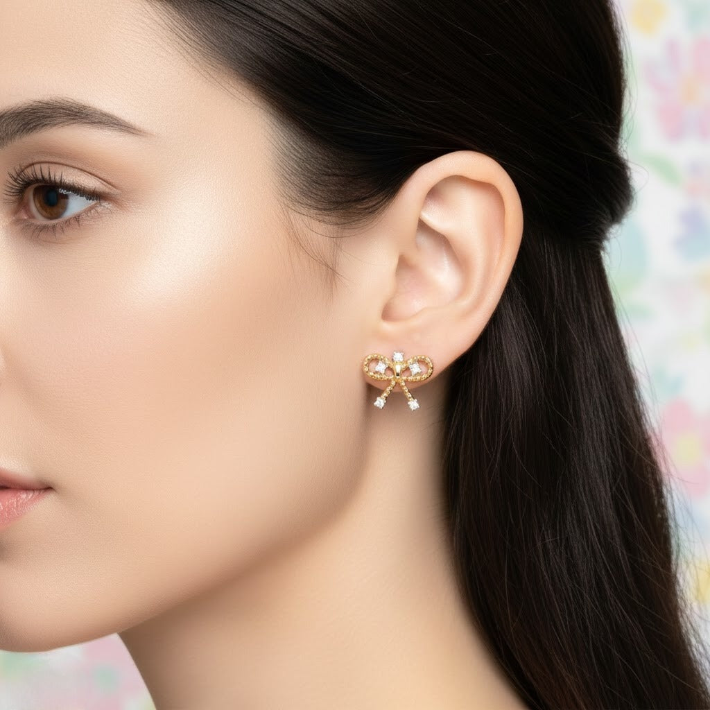 Bow Knot Motif Diamond Gold Earrings