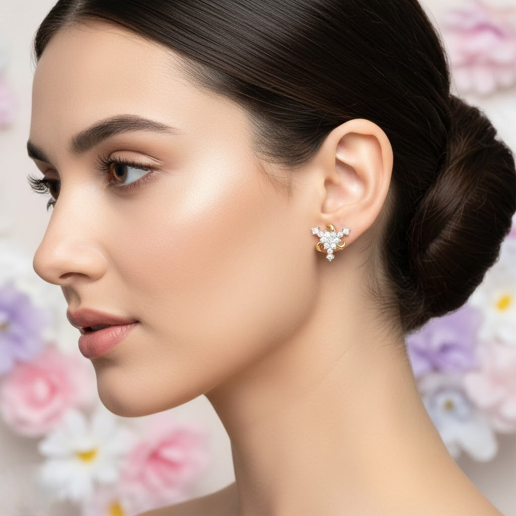 Floral Crescent Cluster Diamond Gold Earrings