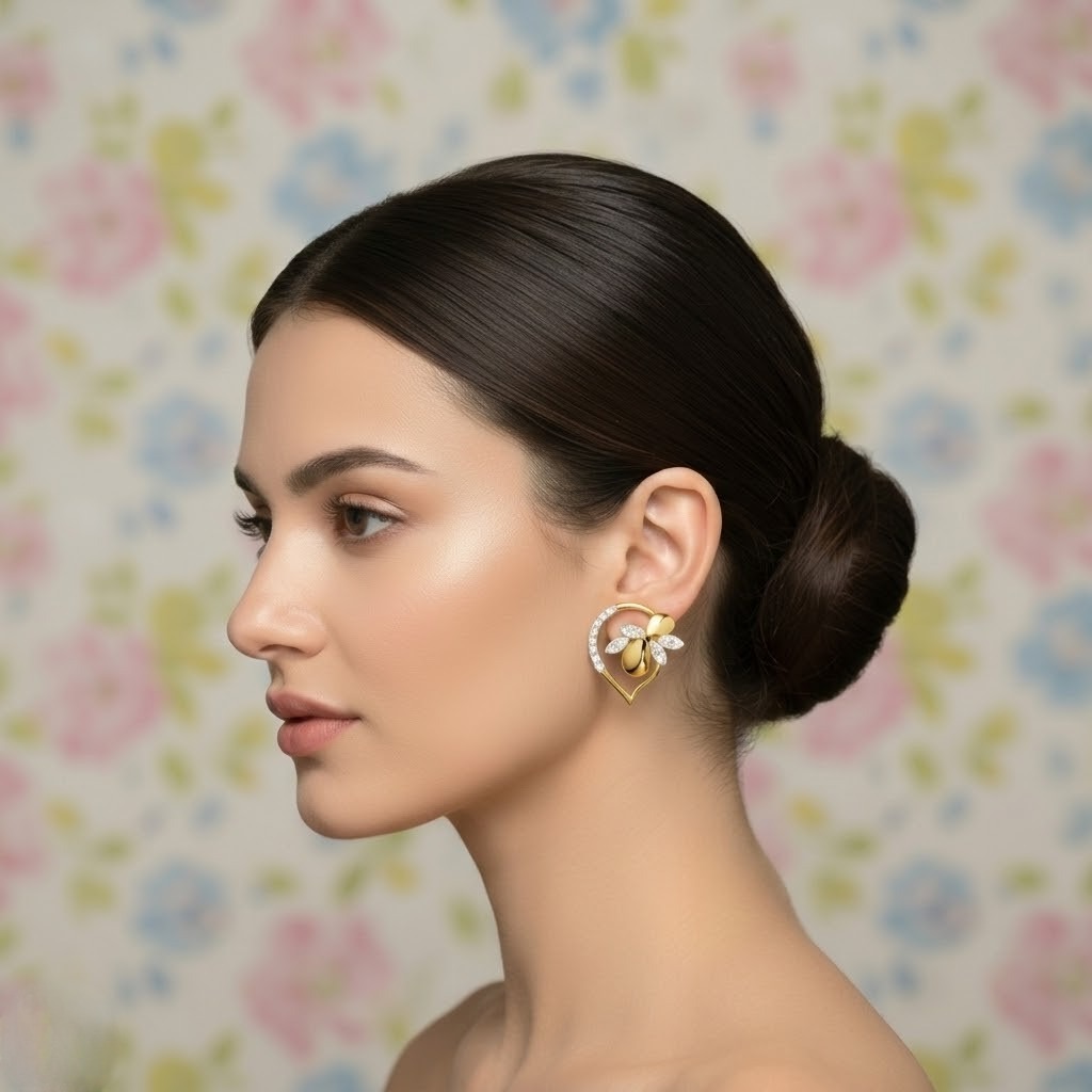 Floral Heart Frame Diamond Gold Earrings