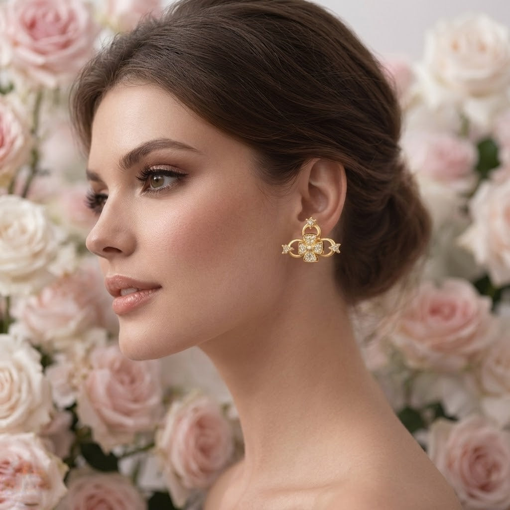 Floral Loop Motif Diamond Gold Earrings