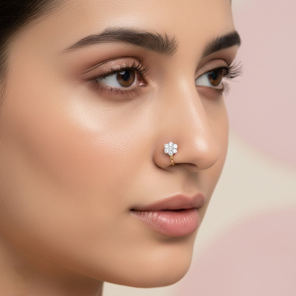 Elegant Floral Cluster Sparkle Diamond Gold Nose Pin
