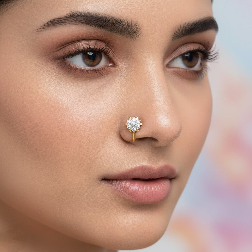 Brilliant Sunflower Cluster Diamond Gold Nose Pin