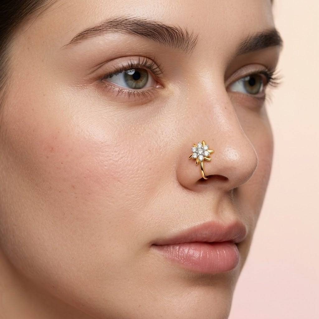 9K Floral Sparkle Diamond Gold Nose Pin