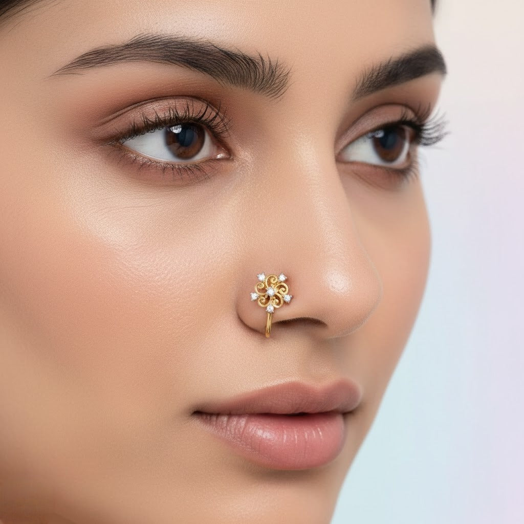 Vintage Swirl Floral Diamond Gold Nose Pin