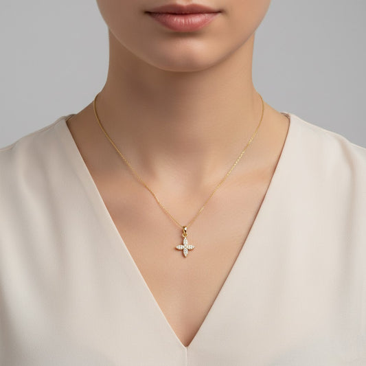 Radiant Floral Cross Sparkle Diamond Gold Pendant