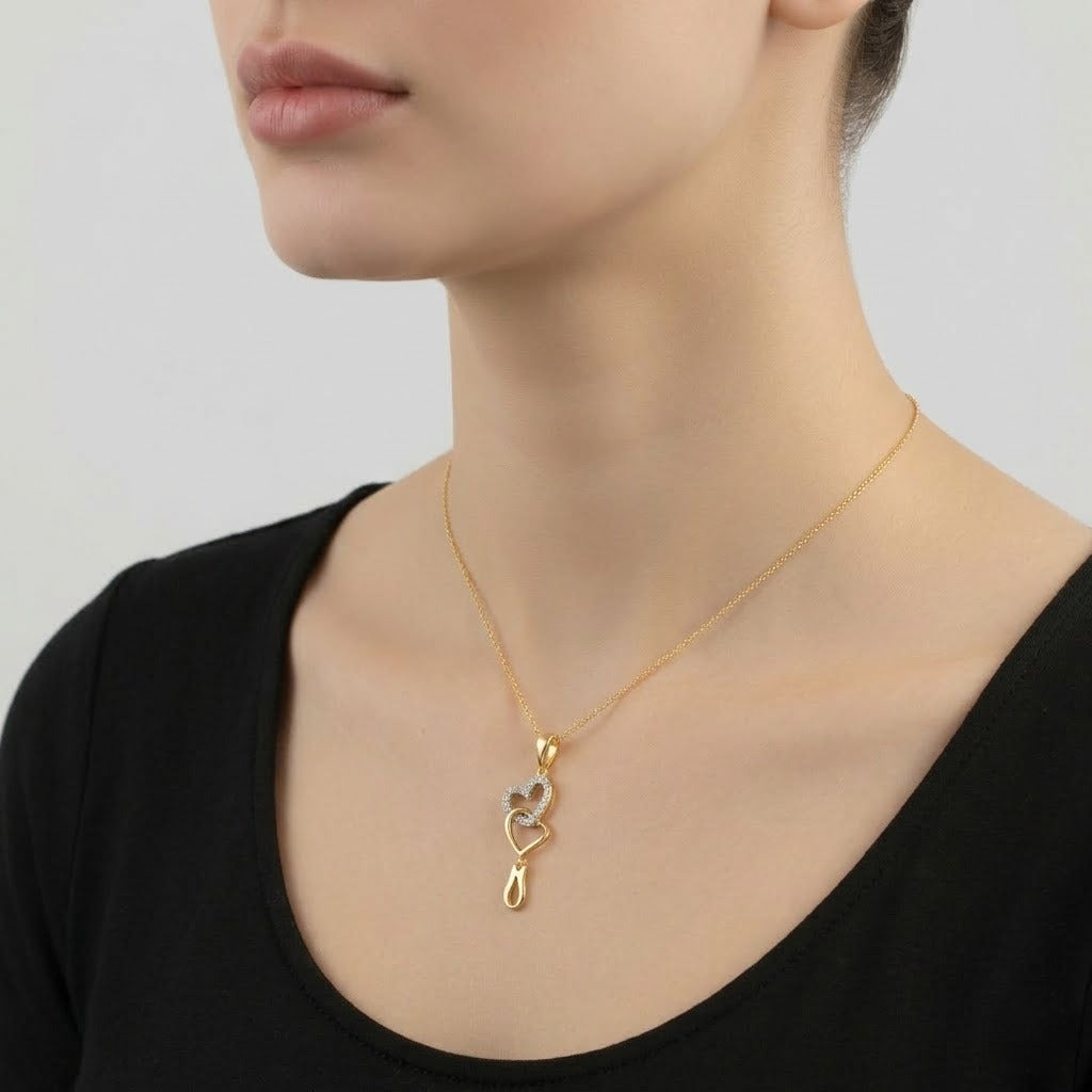 Elegant Dual Heart Drop Design Diamond Gold Pendant