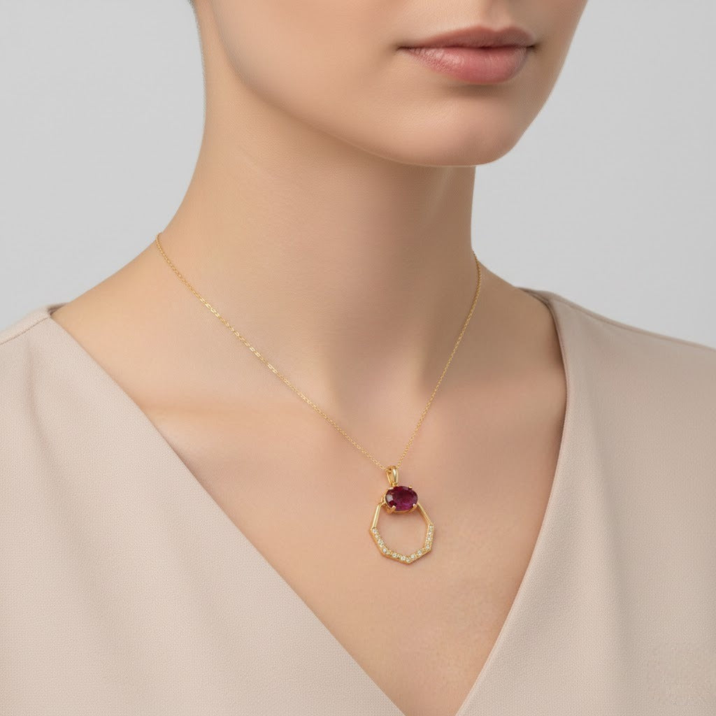 9K Geometric Ruby Halo Diamond Gold Pendant