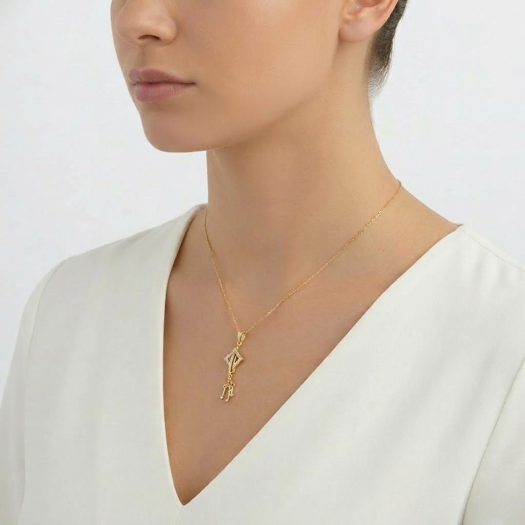 Modern Key Motif Sparkle Charm Diamond Gold Pendant