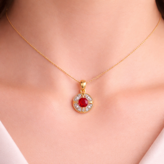Classic Ruby Center Round Halo Accent Diamond Gold Pendant
