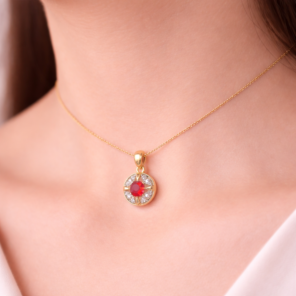 Classic Ruby Center Round Halo Accent Diamond Gold Pendant