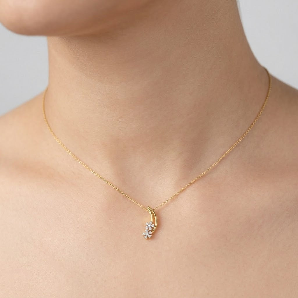 Delicate Curved Floral Drop Sparkle Diamond Gold Pendant