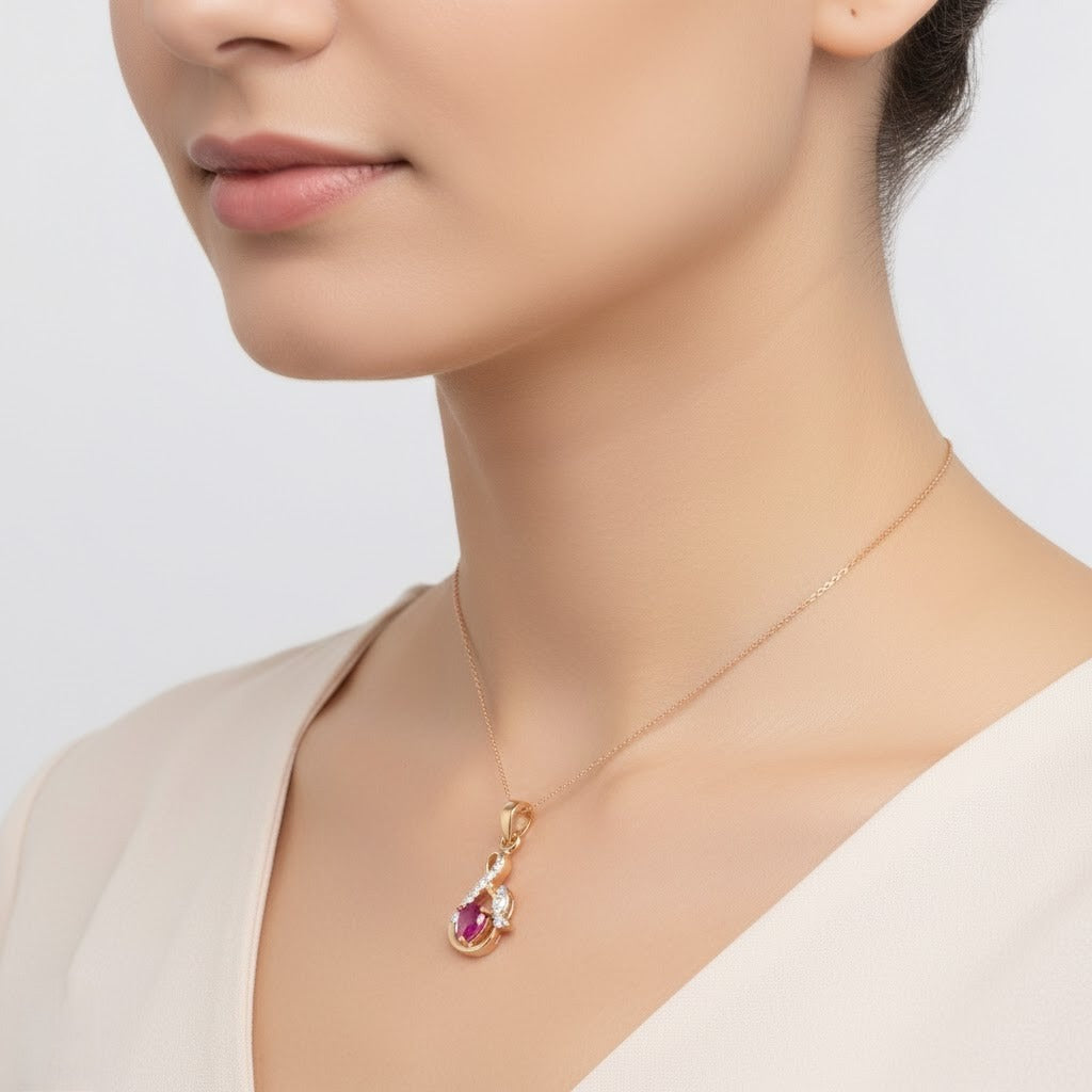 Elegant Ruby Swirl Design Diamond Gold Pendant