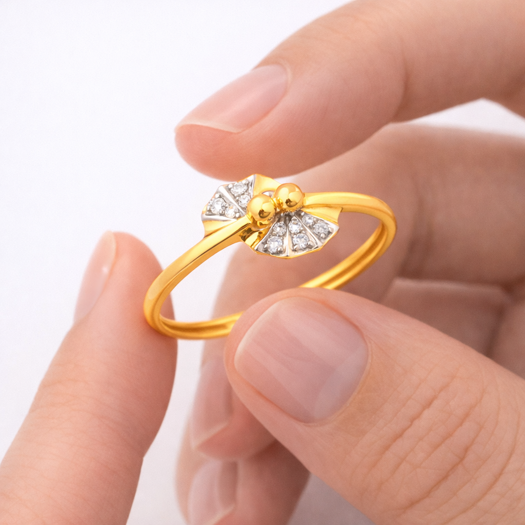 Elegant Dual Bead Floral Accent Diamond Gold Ring