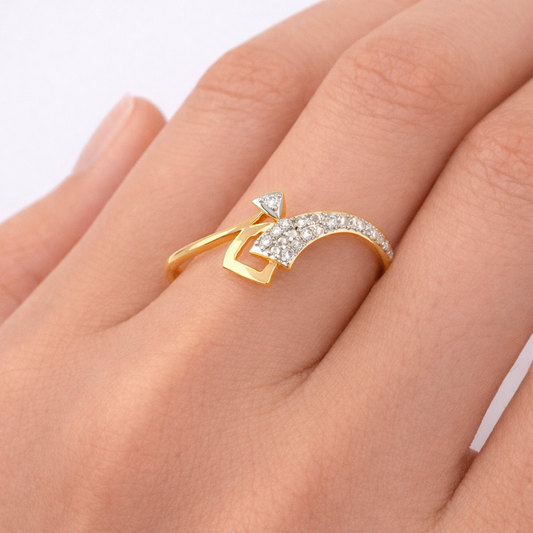 Modern Curved Geometric Diamond Gold Ring