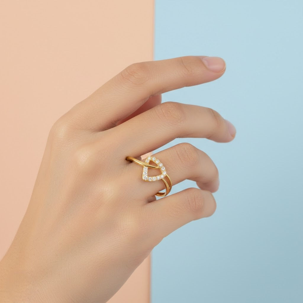 Delicate Open Heart Twist Design Diamond Gold Ring