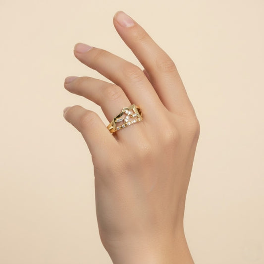 Crown Inspired Layered Sparkle Design Diamond Gold Ring