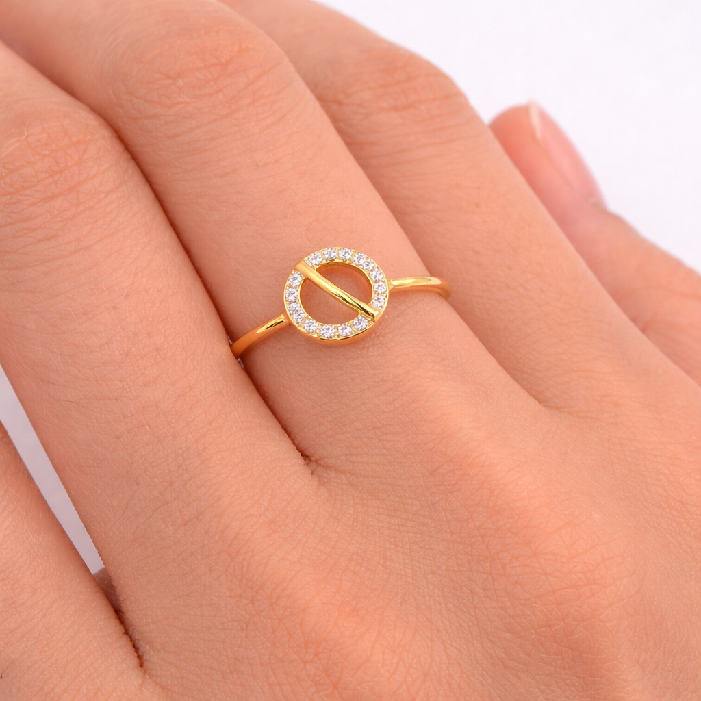 Minimal Circular Slash Motif Diamond Gold Ring