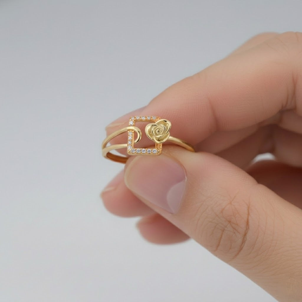 Modern Square Frame Floral Accent Diamond Gold Ring