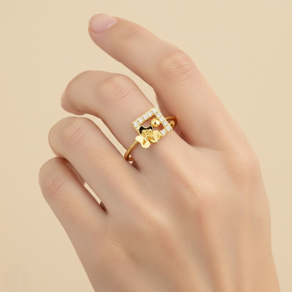 Modern Floral Square Frame Diamond Gold Ring