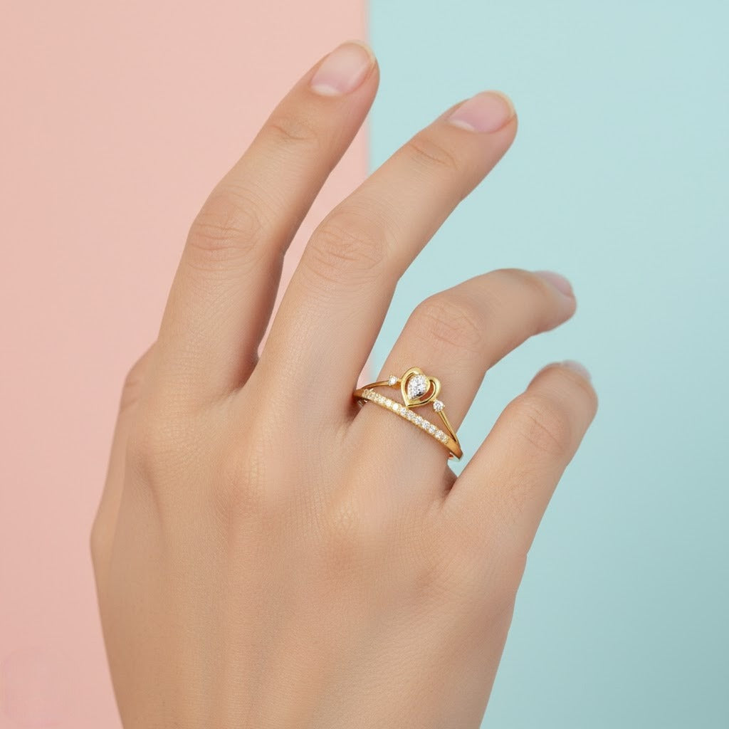 Double Heart Sparkle Design Diamond Gold Ring