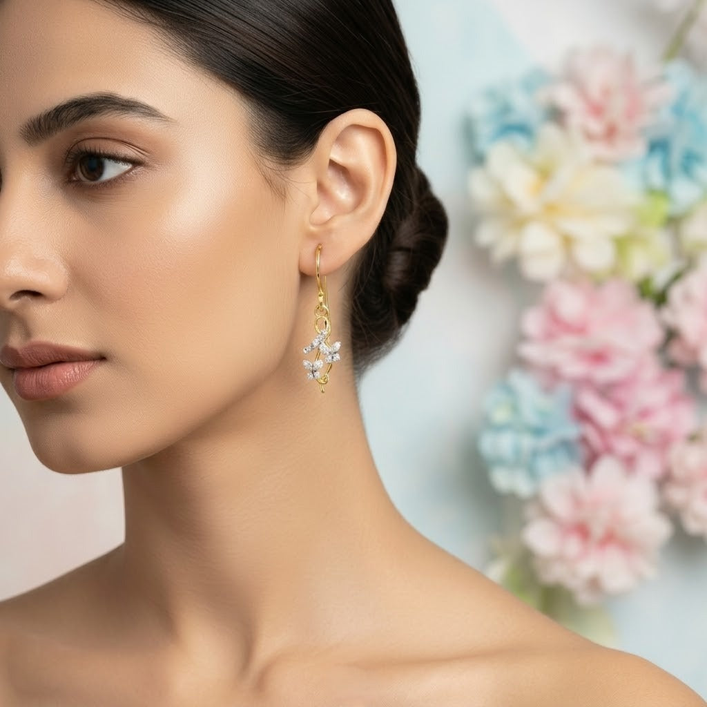 Elegant Floral Drop Diamond Gold Earrings