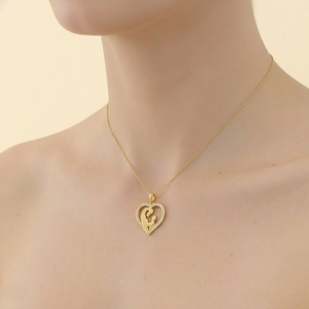 Mother and Child Heart Embrace Design Diamond Gold Pendant