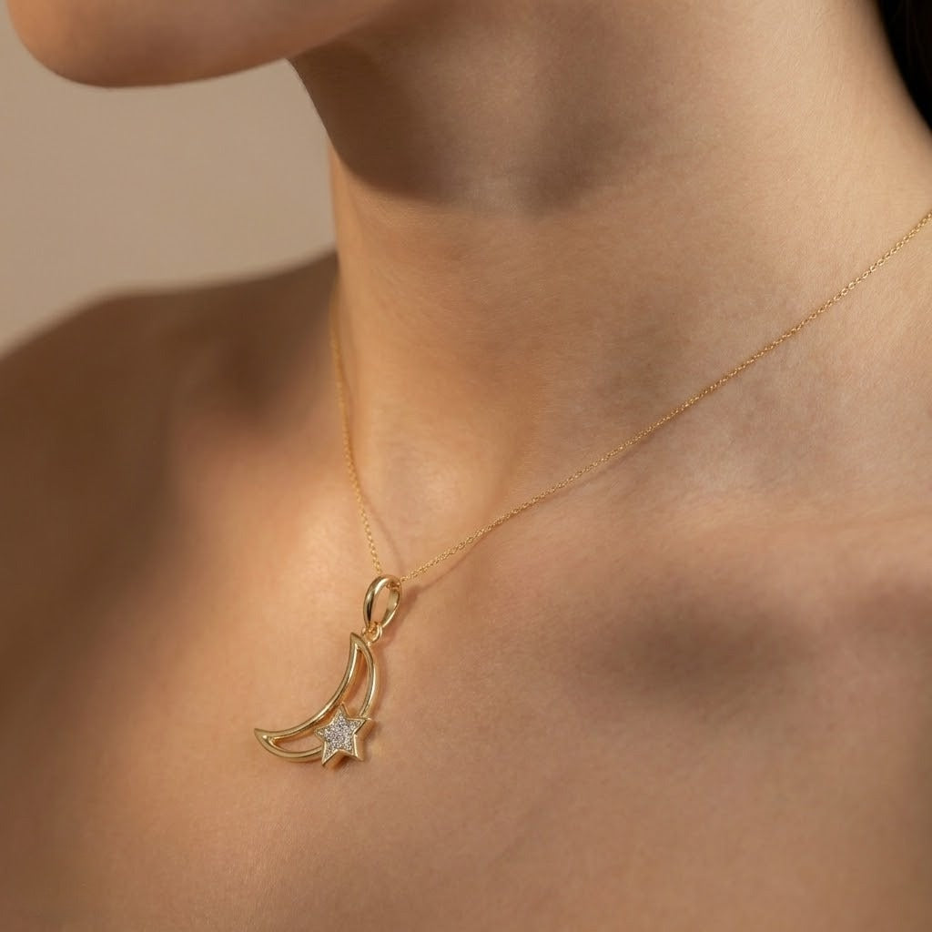 Crescent Moon and Star Design Diamond Gold Pendant