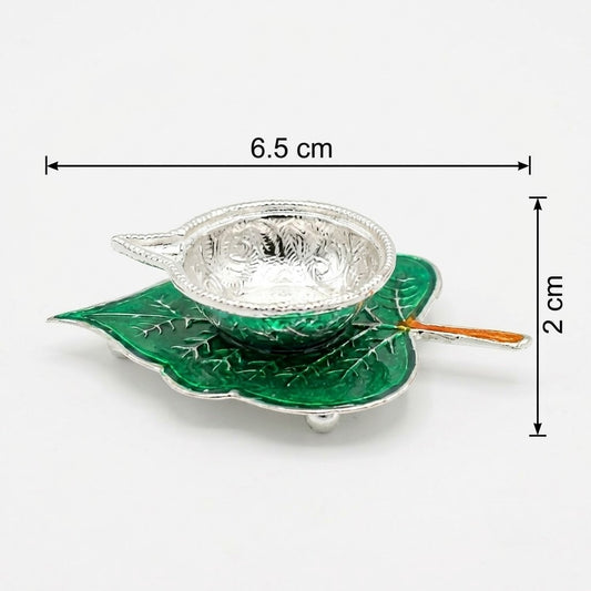Decorative Silver Diya on Leaf-Shaped Base