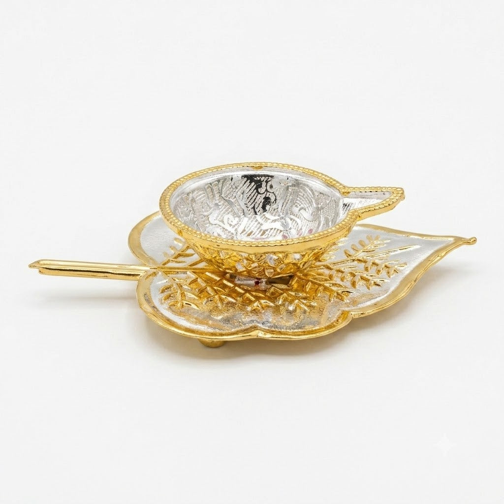 Leaf-Inspired Silver Diya with Gloden Decorative Base