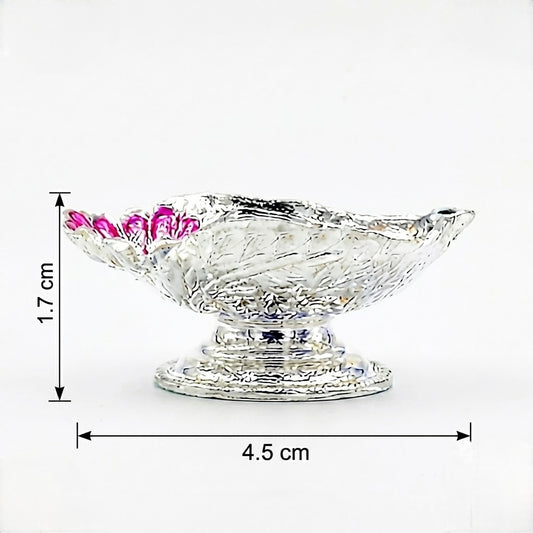Decorative Silver Diya with Pink Floral Accent and Pedestal Base