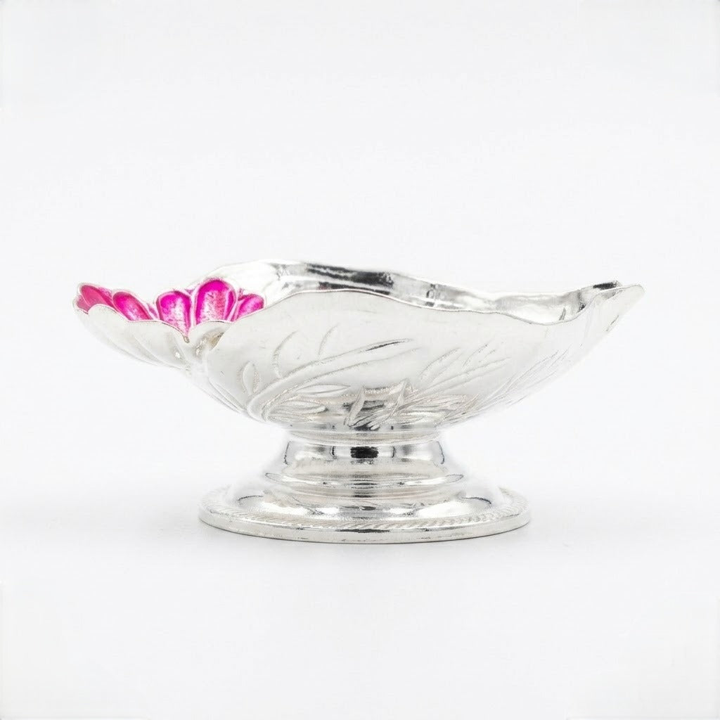 Decorative Silver Diya with Pink Floral Accent and Pedestal Base
