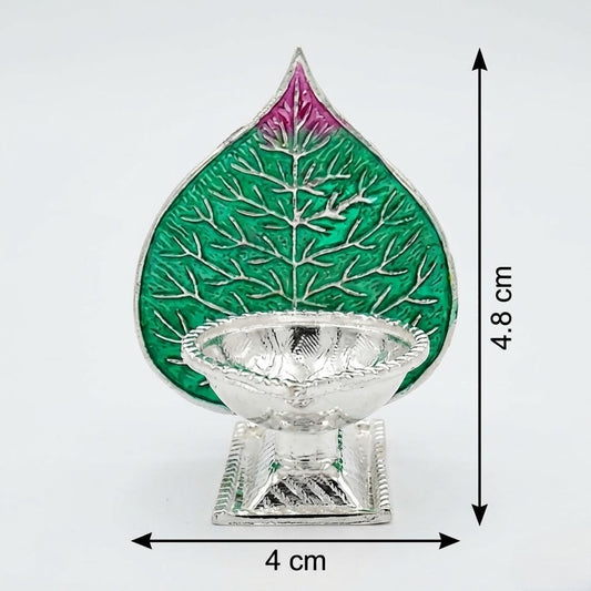 Peepal Leaf Silver Diya with Enamel Art