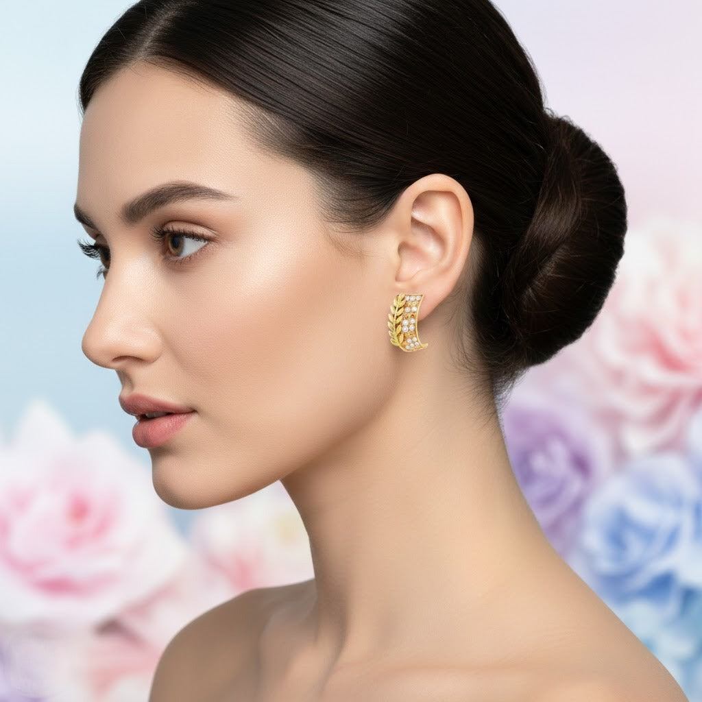 Leaf Crest Curve Diamond Gold Earrings