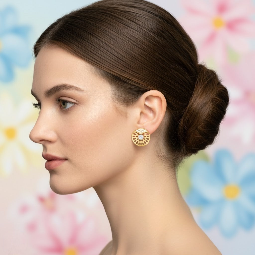 Floral Cutwork Circle Diamond Gold Earrings