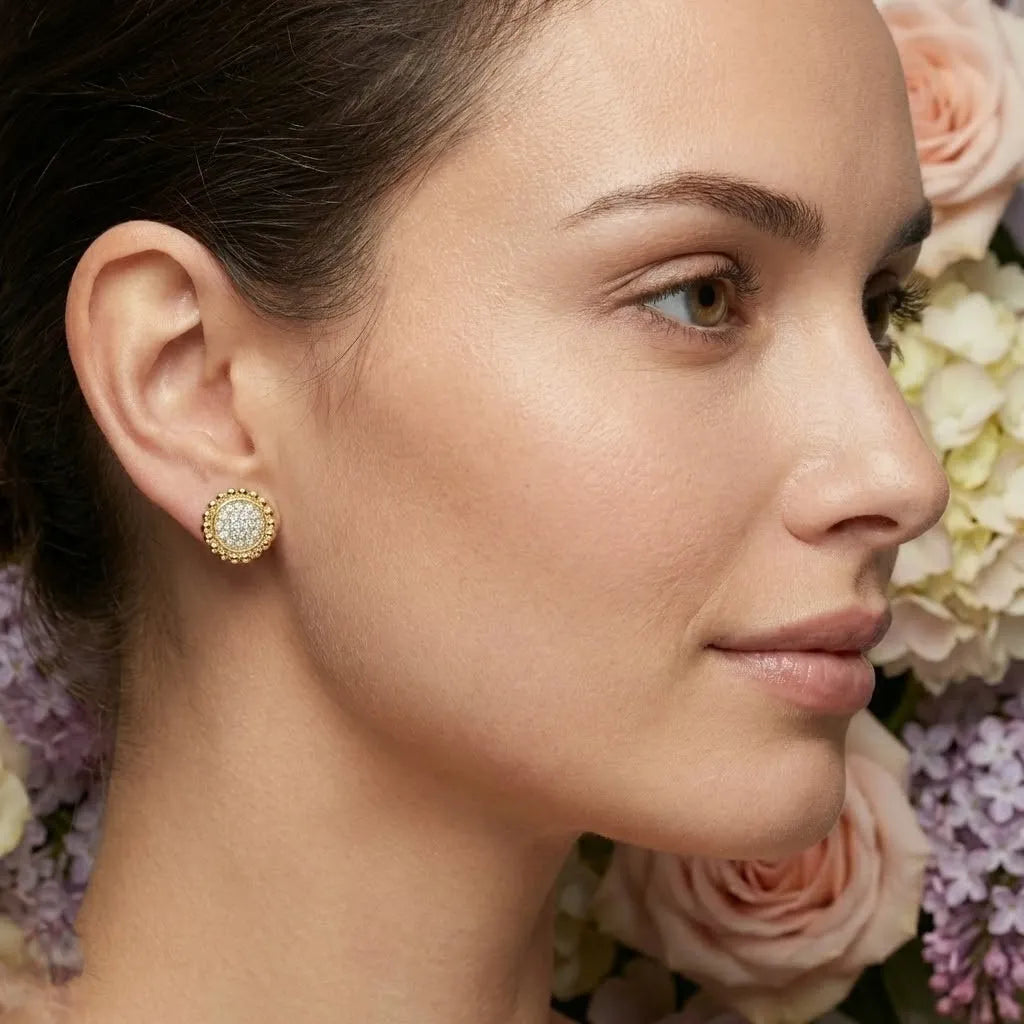 9K Yellow Gold Beaded Halo Diamond Earrings for Women by TTJ Jewellery