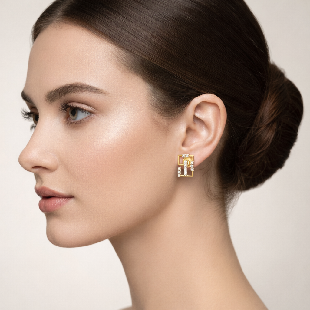 Interlinked Square Design Diamond Gold Earrings