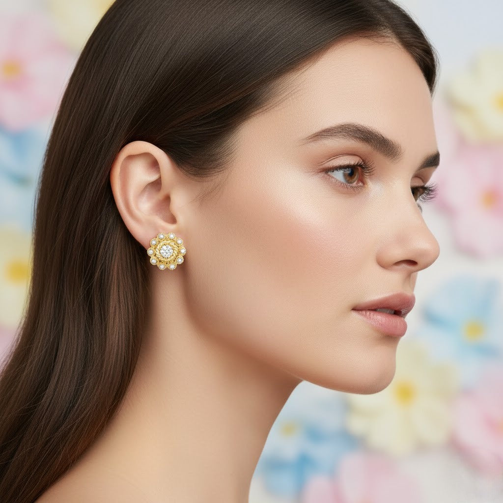 Vintage Inspired Floral Halo Diamond Gold Earrings