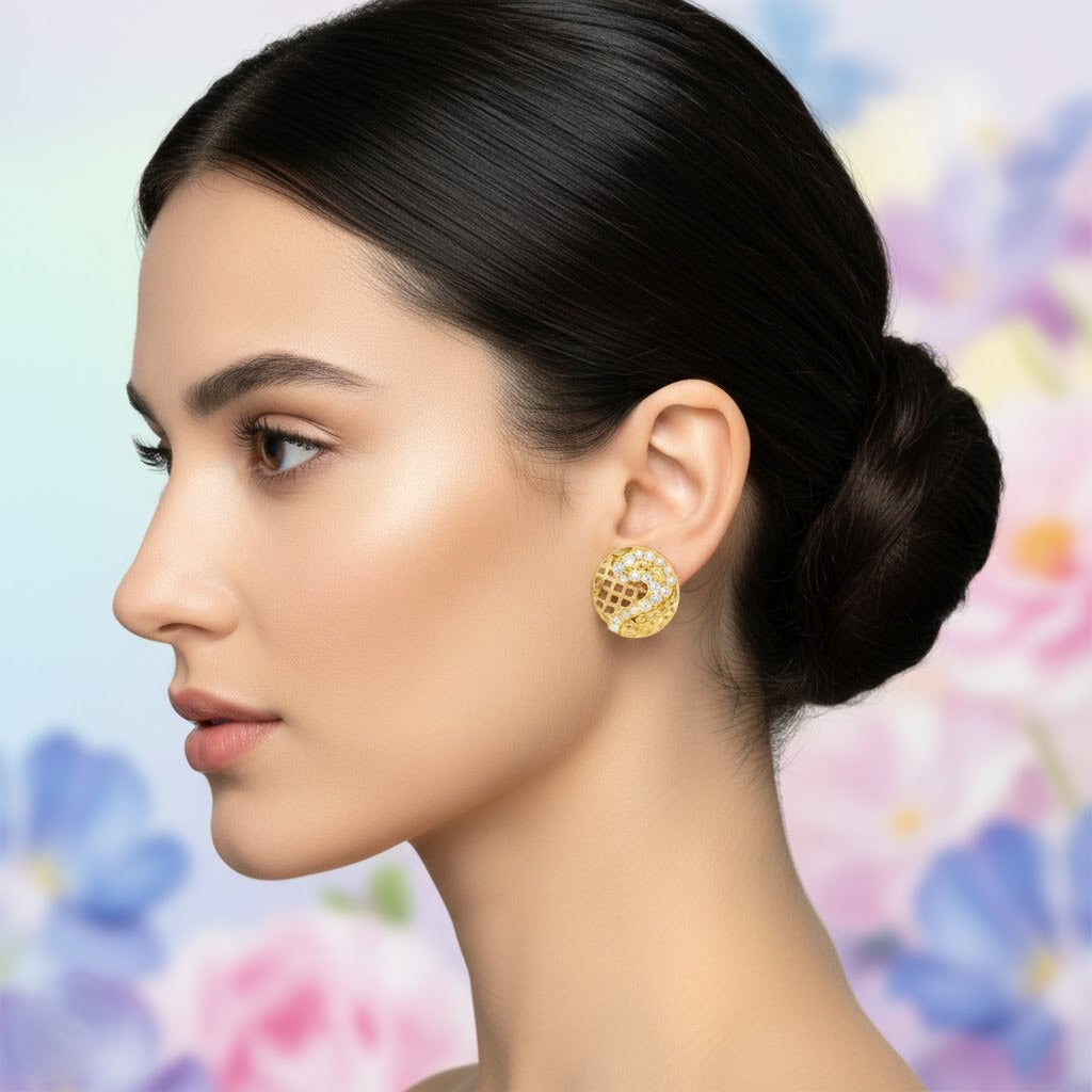 Curved Mosaic Circle Diamond Gold Earrings