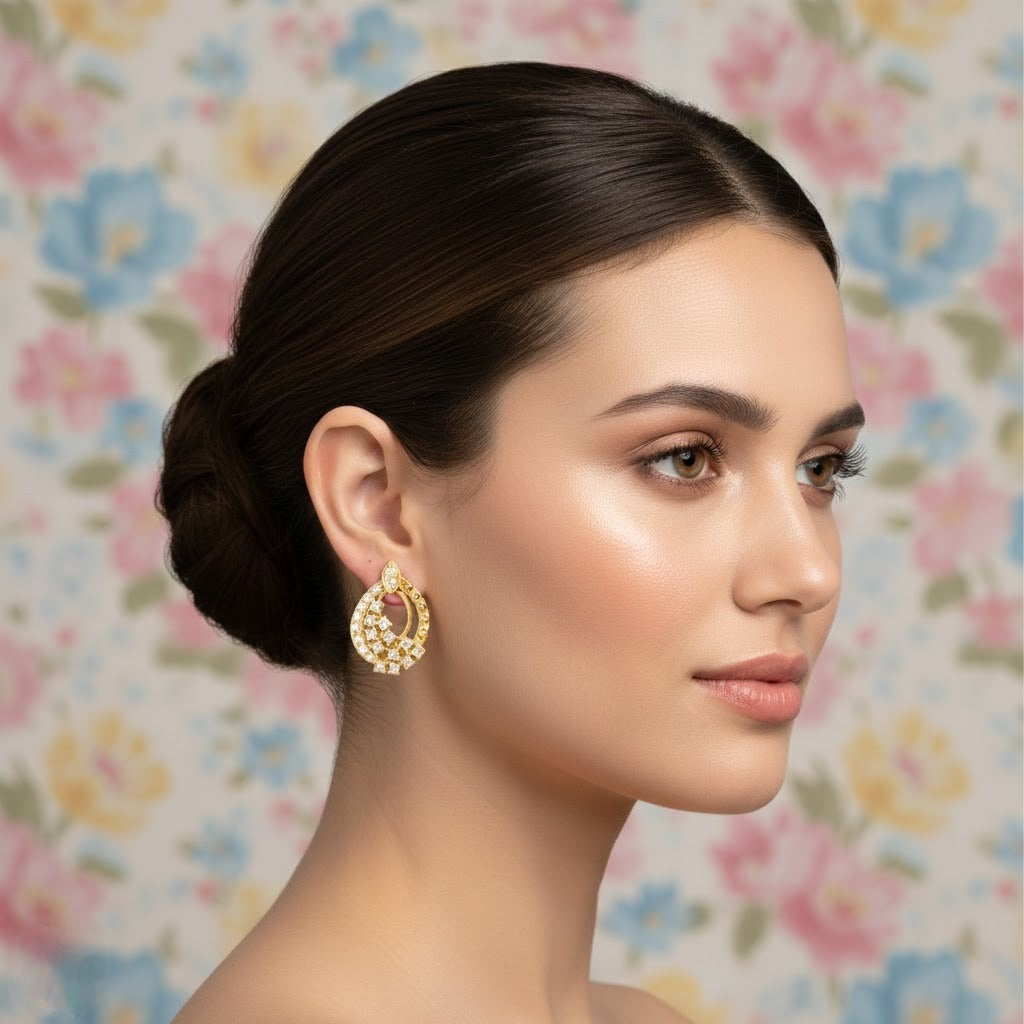 Crescent Floral Cluster Diamond Gold Earrings