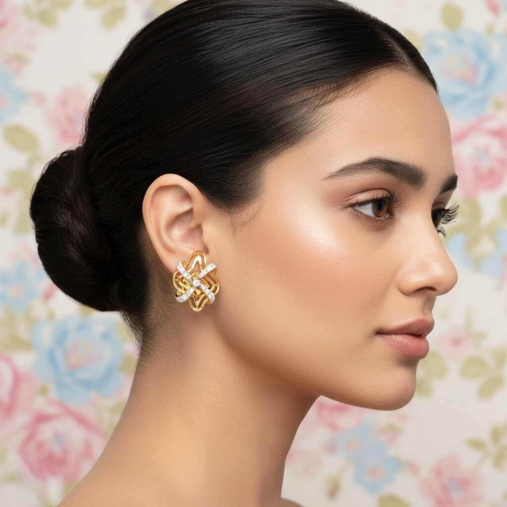 Interlaced Knot Motif Diamond Gold Earrings