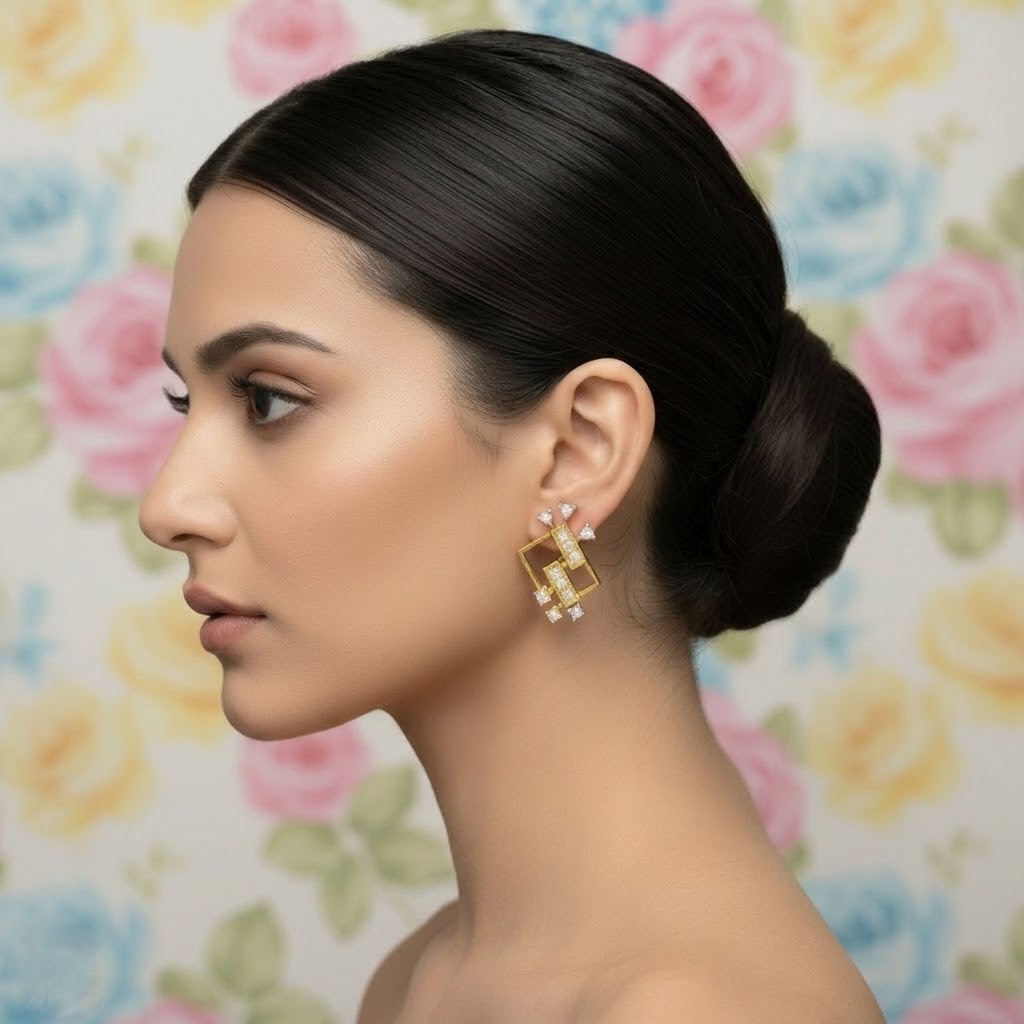 Contemporary Square Cascade Diamond Gold Earrings