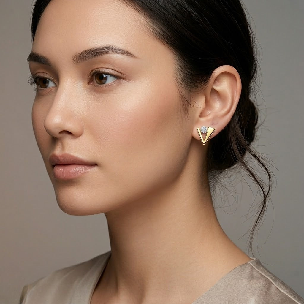 Modern V Accent Diamond Gold Earrings