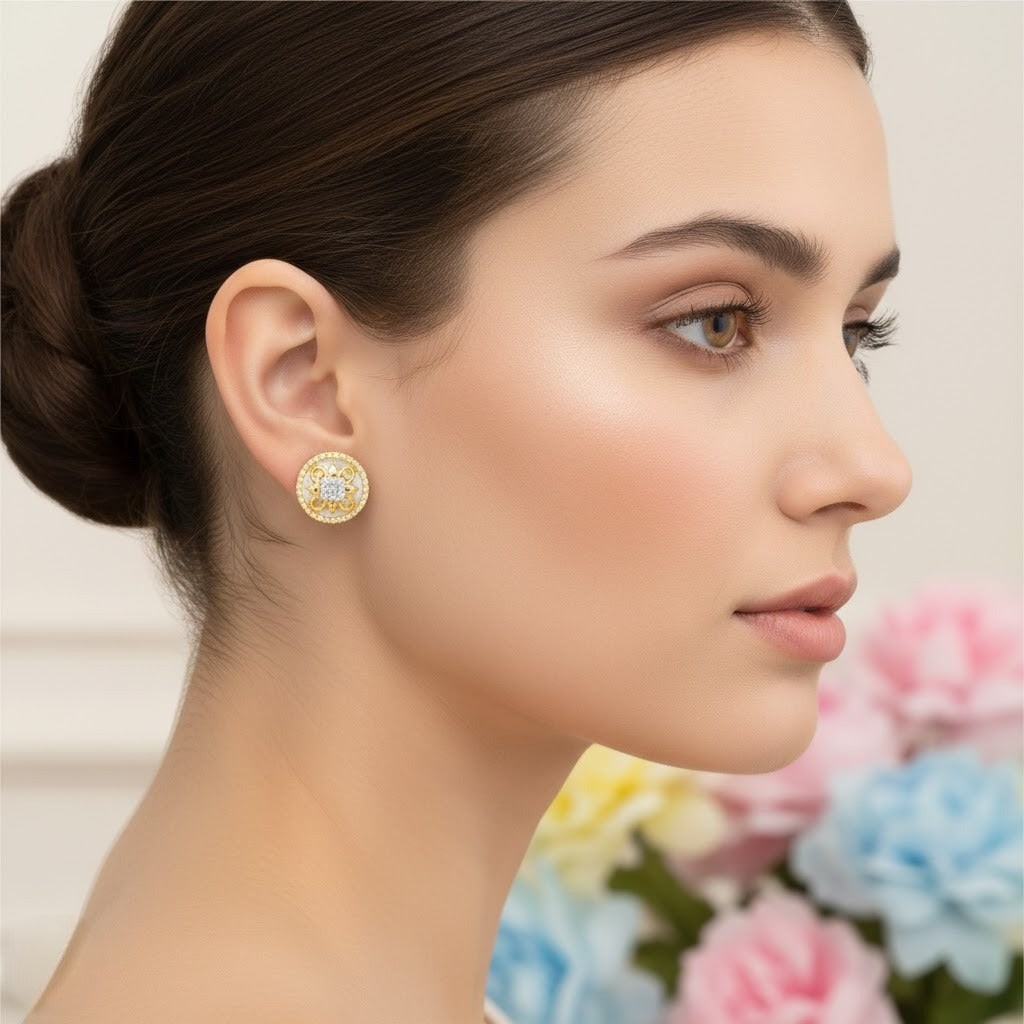 Floral Medallion Diamond Gold Earrings