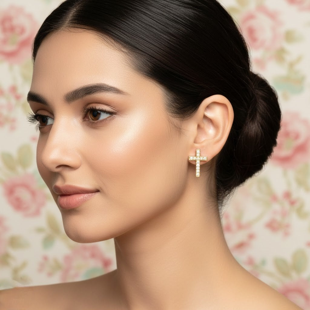 Classic Cross Diamond Gold Earrings